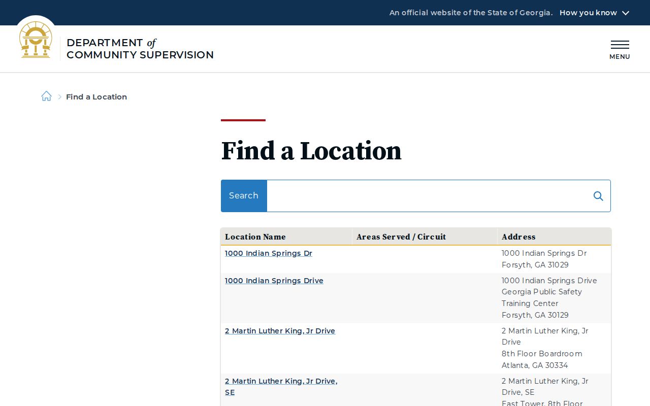 Georgia Department of Community Supervision locations and field office lookup page