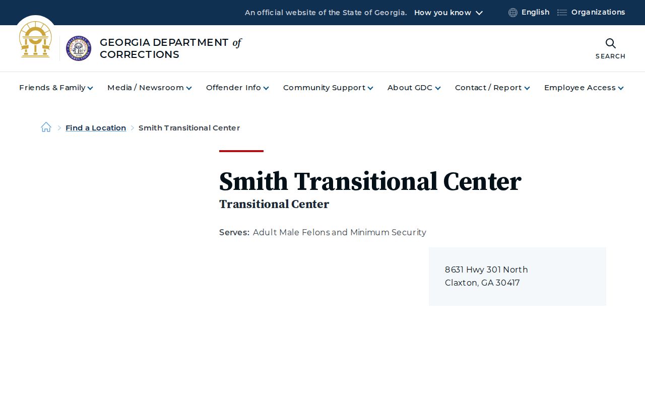 Official Georgia Department of Corrections Smith Transitional Center location page in Claxton
