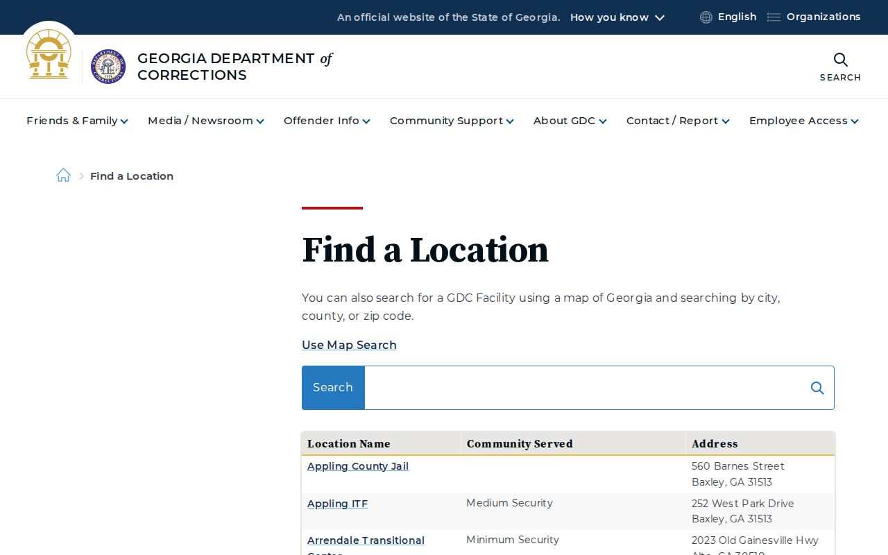 GDC locations index listing Womens Detention Center in Claxton Georgia